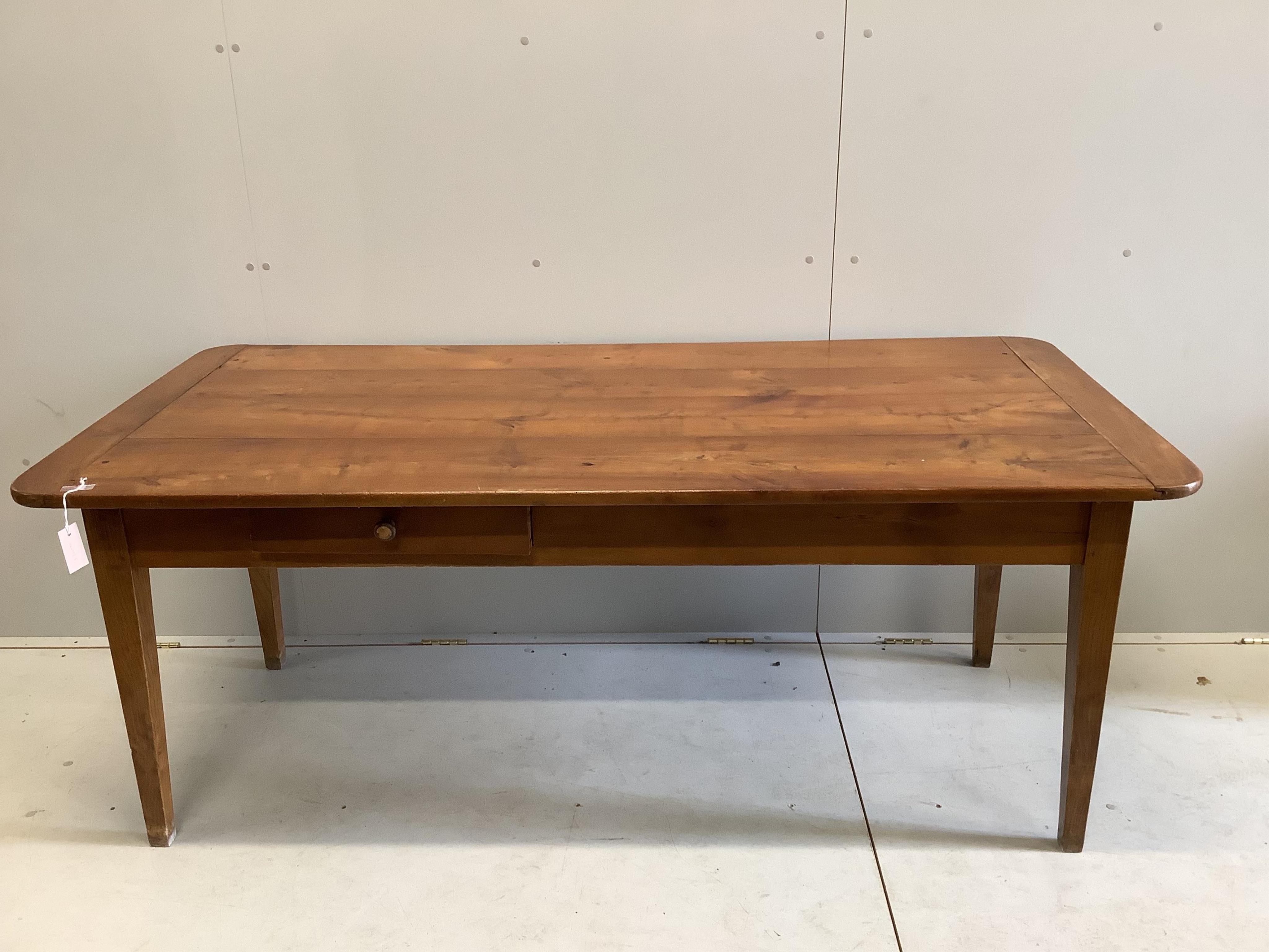 A 19th century French rectangular cherry two drawer kitchen table, width 178cm, depth 84cm, height 72cm